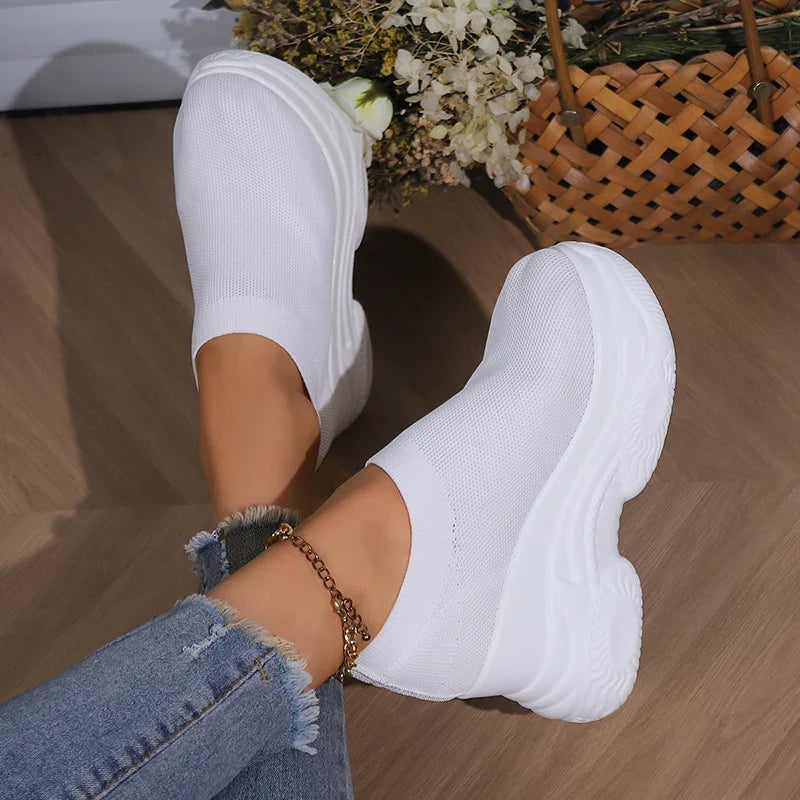 Black White Chunky Platform Knitted Sneakers Women Slip On Thick Bottom Vulcanizd Shoes Woman Breathable Mesh Walking Shoes