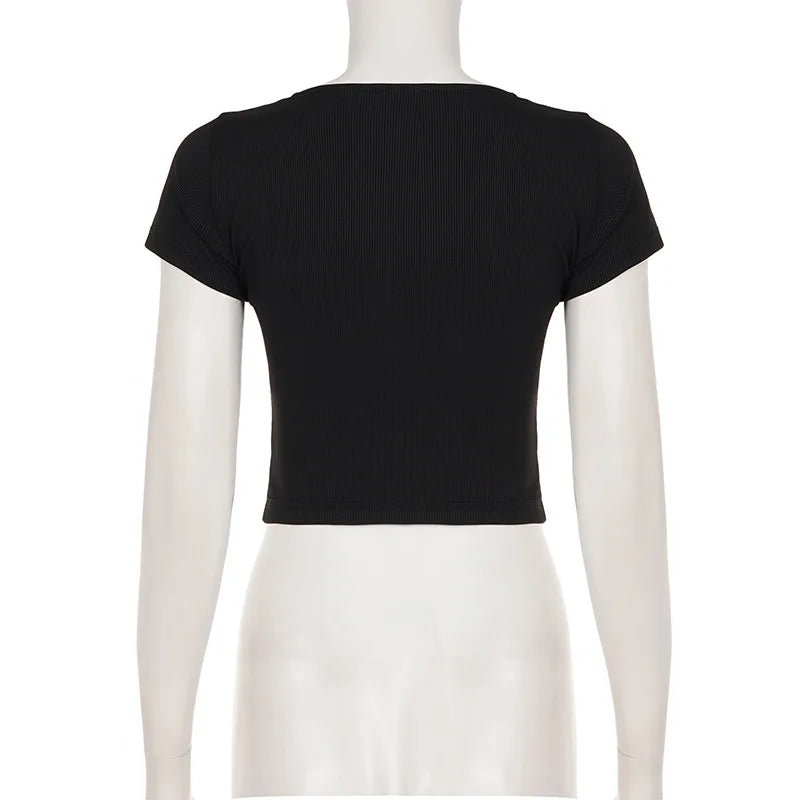 Sexy hot girl solid color short-sleeved T-shirt round neck slim basic versatile top