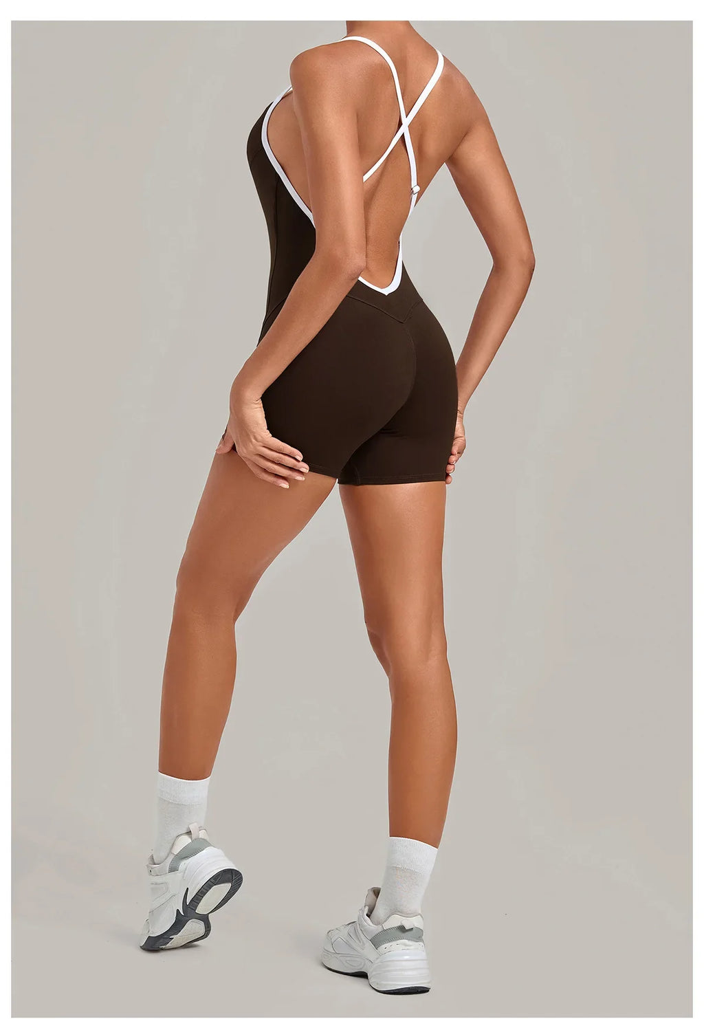 New Tight One-piece Yoga Suit Women Color Contrast Splicing Hollow Back Cross Sports Jumpsuit Outwear Slimming Fitness Bodysuits