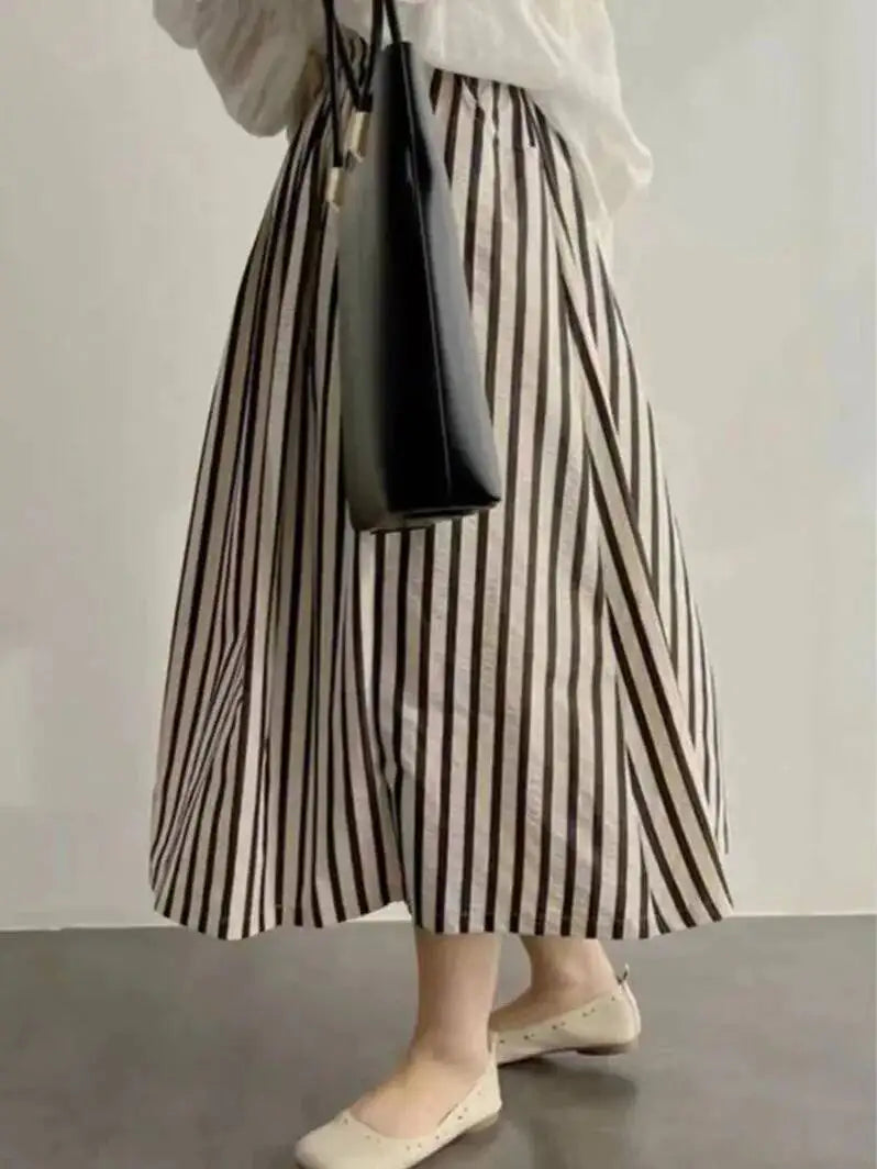 Retro Chic Solid Color Striped Skirt For Women In Summer, High Waisted And Slimming A-line Mid Length Umbrella Skirt Casual OHS8