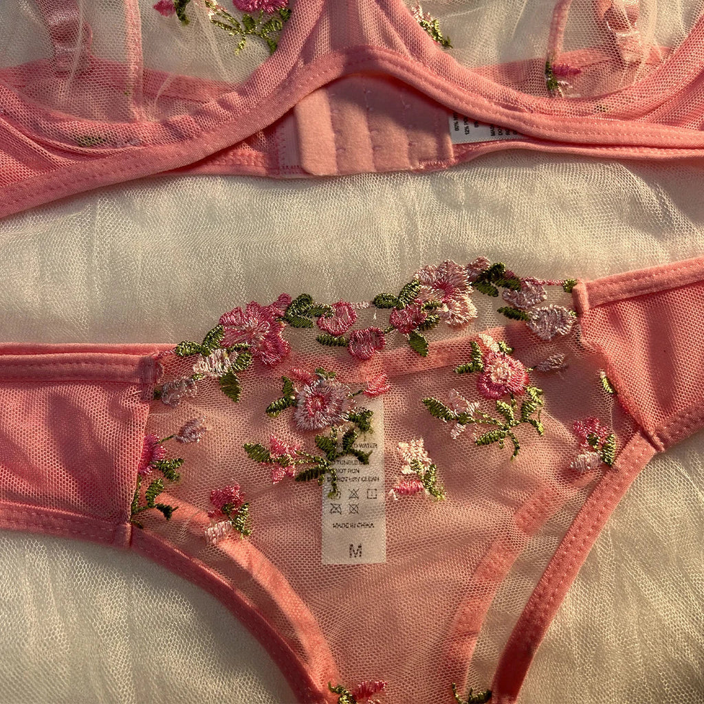 Pink Lingerie Woman Lace Underwear Fairy Embroidery Brief Sets Bra Panties Kits Breves Sets