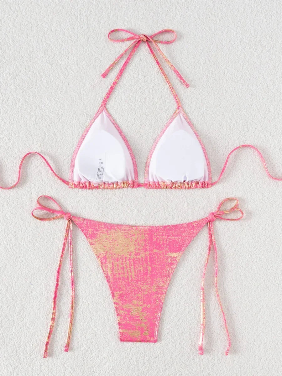2026 Golden Glitter Halter Strappy Bikini Women Swimsuit Female Swimwear Two-pieces Bikini Set High Leg Cut Bathing Suit Swim