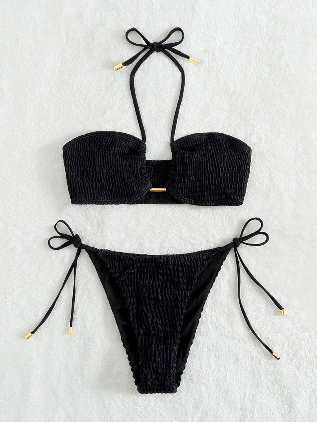 Halter Tie Side Pleated Smocked Bikini Women Bandeau Swimsuit Female Swimwear Two Pieces Bikini Set Bathing Suit Swim Beach Wear