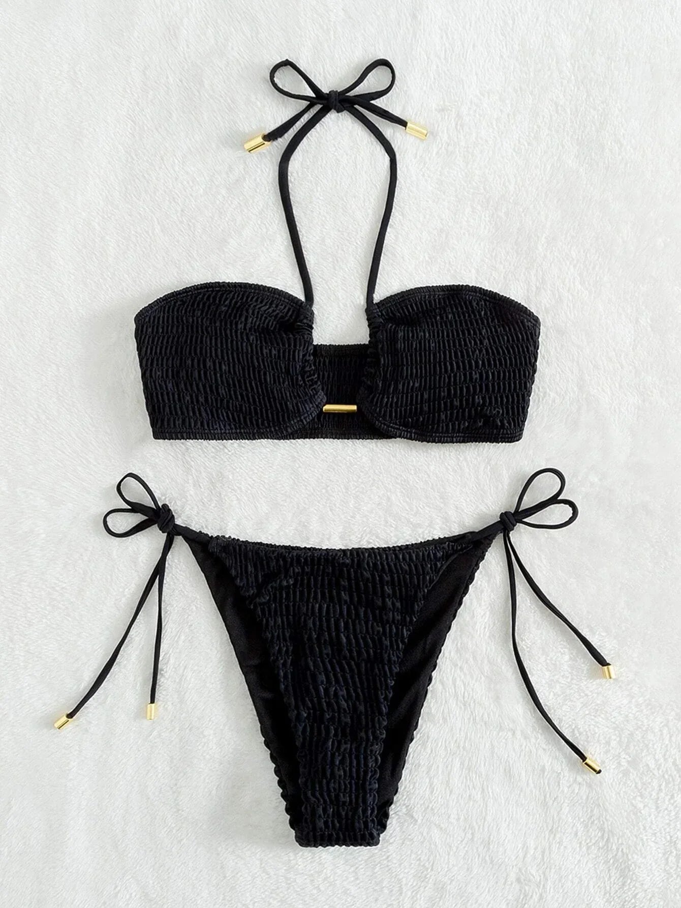 Halter Tie Side Pleated Smocked Bikini Women Bandeau Swimsuit Female Swimwear Two Pieces Bikini Set Bathing Suit Swim Beach Wear