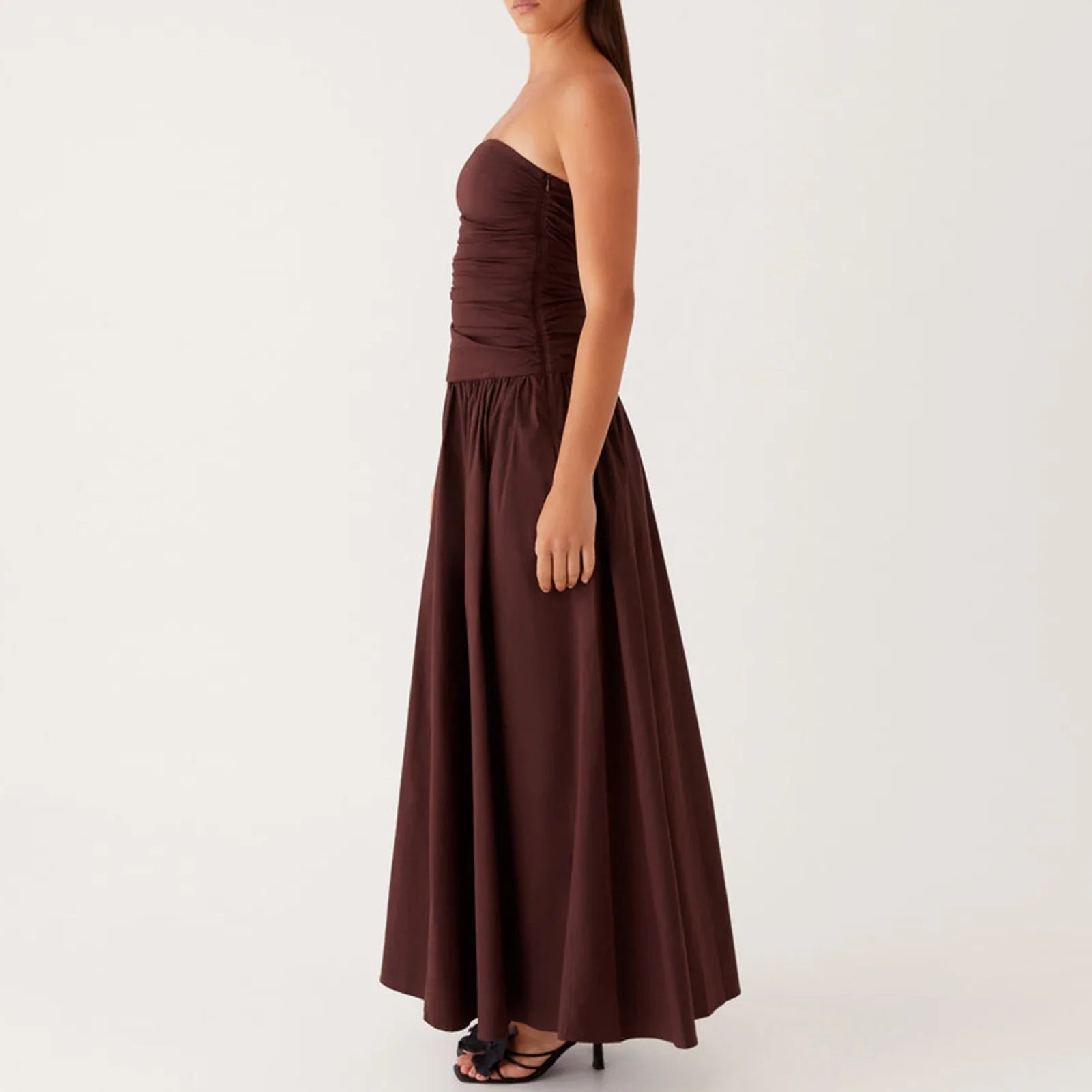Elegant Strapless Maxi Tube Dress Women Ruched Long Sundress Boat Neck Sleeveless Strapless Flowy Dresses Party Clubwear