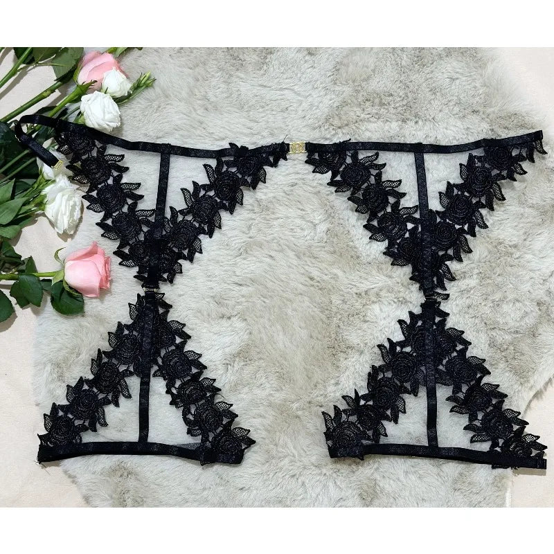 Toucheart Black Sexy See-through Mesh Interesting Hollow Out Underwear Skinny High Waisted Patchwork Steel Ring Underwear Set