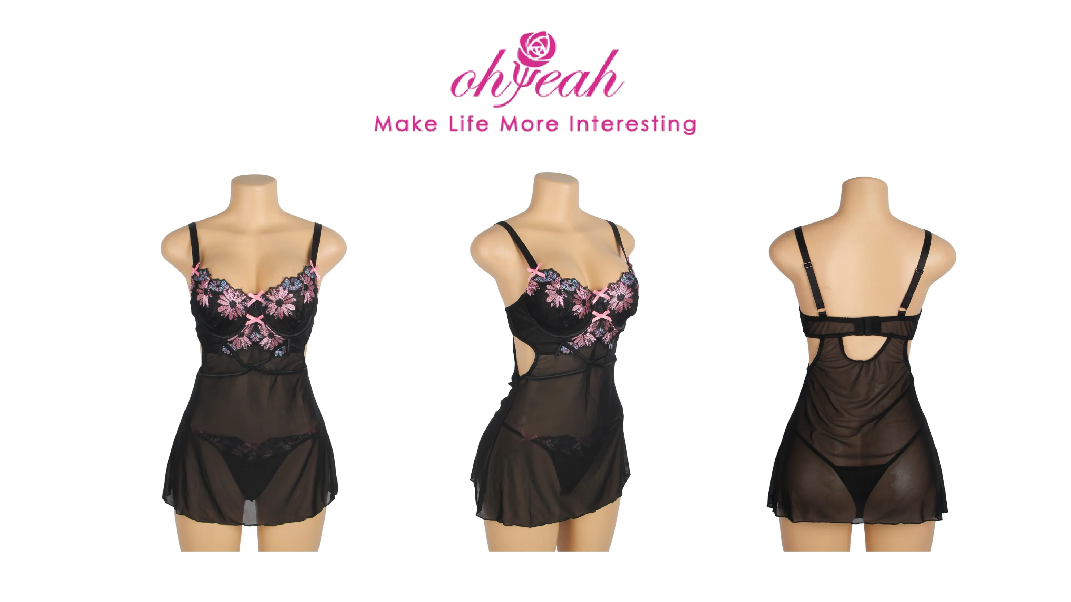 Black Floral Embroidered Mesh Chemise for Women Underwire Push Up Adjustable Back Closure Sleepwear with Panties Plus Size