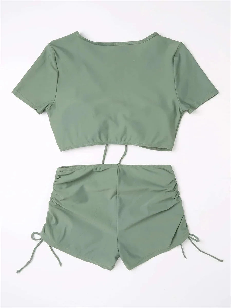Sexy Drawstring Bikini Set 2026 Women Green Black Short Sleeve Two Piece Swimsuit Summer Bathing Suit Pleate High Waist Swimwear