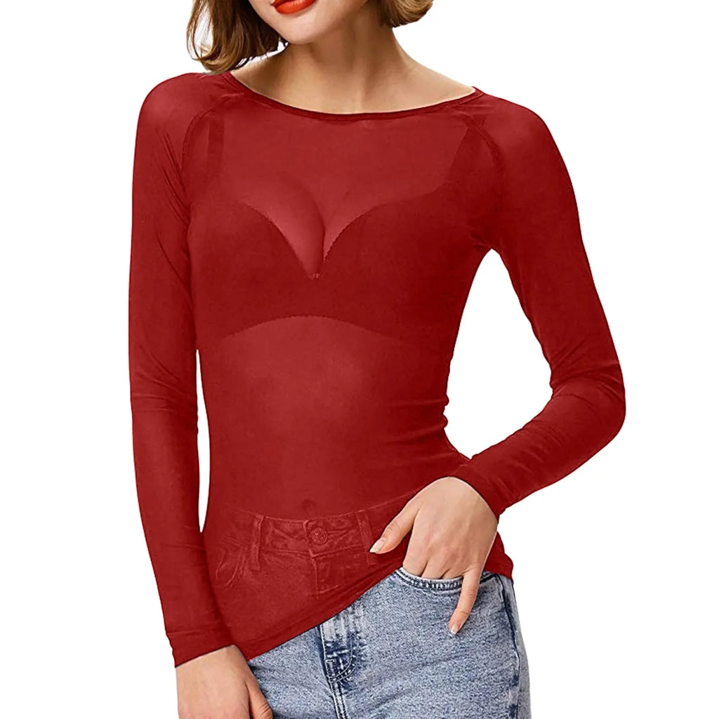 Sexy Women T Shirt See Through Mesh Black Long Sleeve Tees Sheer Slim Fit O Neck Tulle Crop Top Y2k T-Shirt Transparent Clubwear