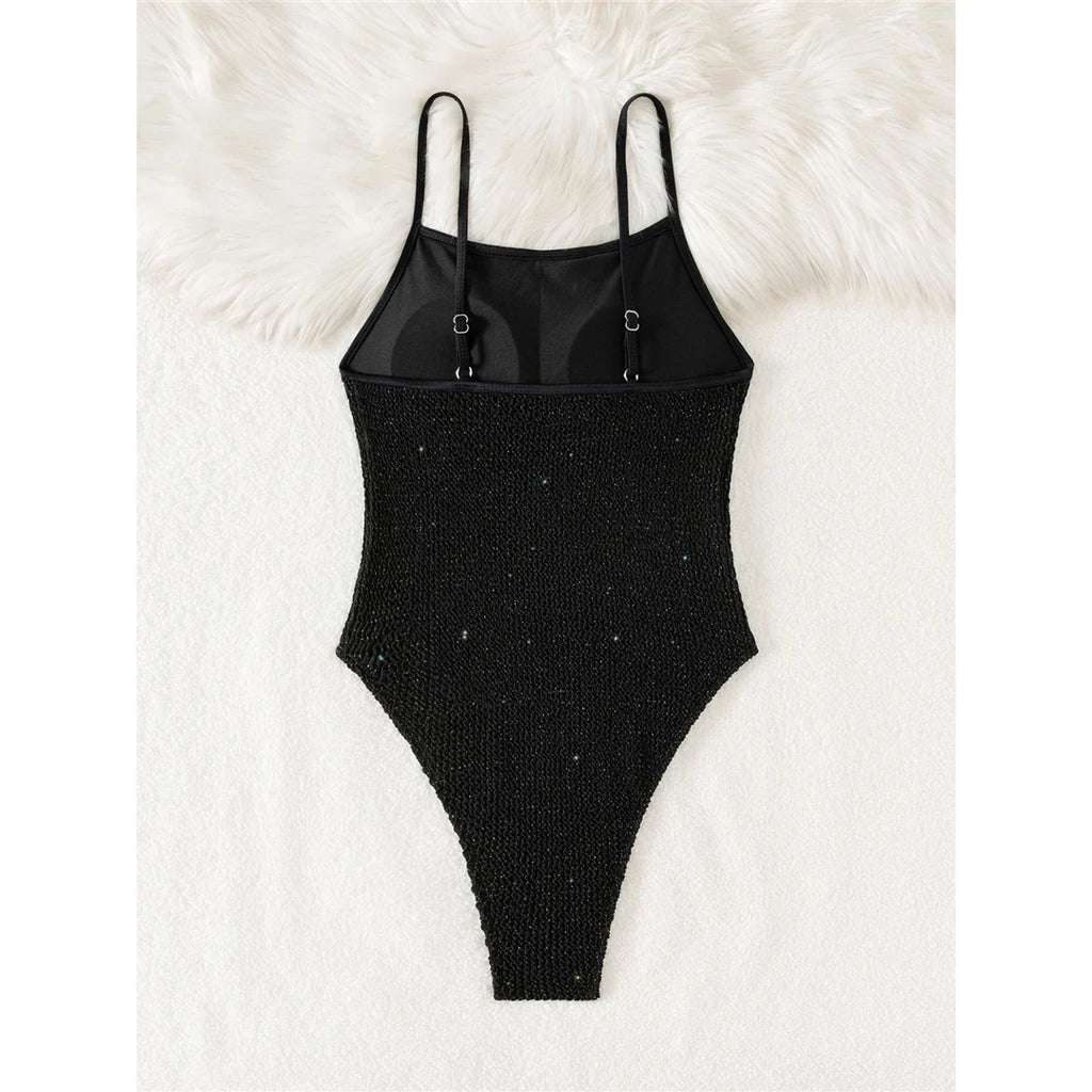New Wrinkled Crinkled Glitter Sparkling One Piece Swimsuit Women Swimwear Female High Cut Padded Bather Bathing Suit Swim V6407
