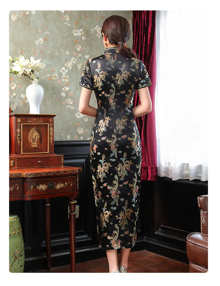 Large Size Sexy Slim Long Qipao Dress Women Retro Elegant Cheongsam Short Sleeve Brocade Dragons and Phoenixes Clothes Vestidos