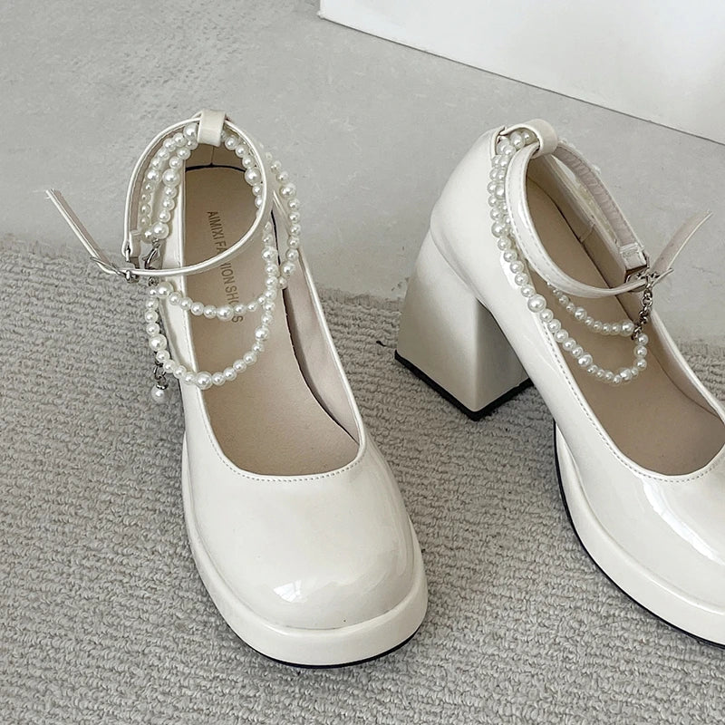 10cm Super High Heels Mary Jane Shoes Women Fashion Patent Leather Platform Pumps Woman Pearls Chain Ankle Strap Party Shoes