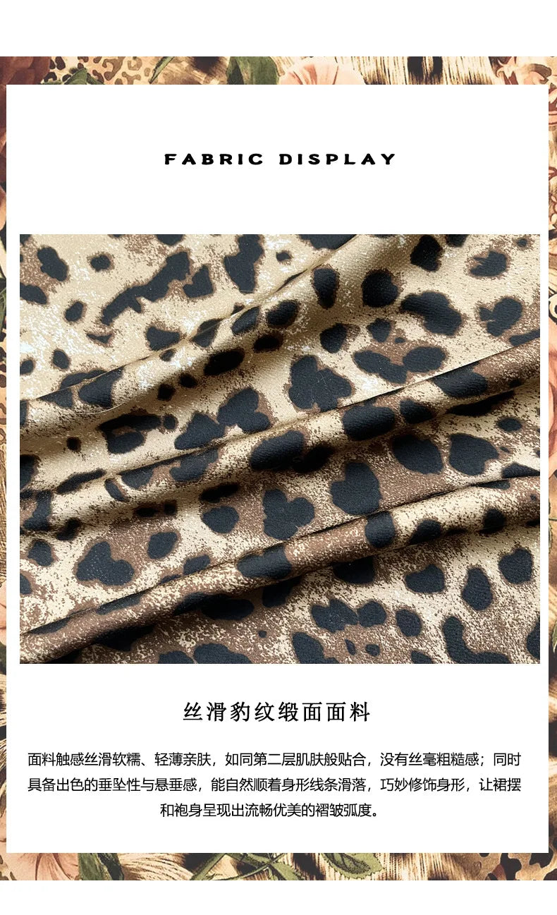 Women Sexy Leopard Print Slip Nightdress Removable Padded Drawstring High Slit Midi Nightgown Loungewear