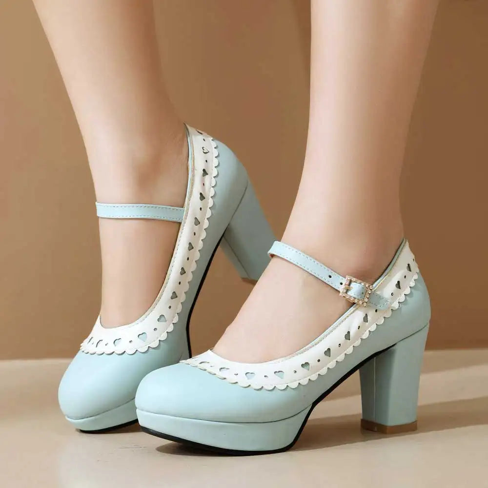 Plus Size 45 Sweet Mary Janes Shoes Women Cute Blue Block High Heels Lolita Pumps Lovely Pink Heart Edge Platform High-heeled