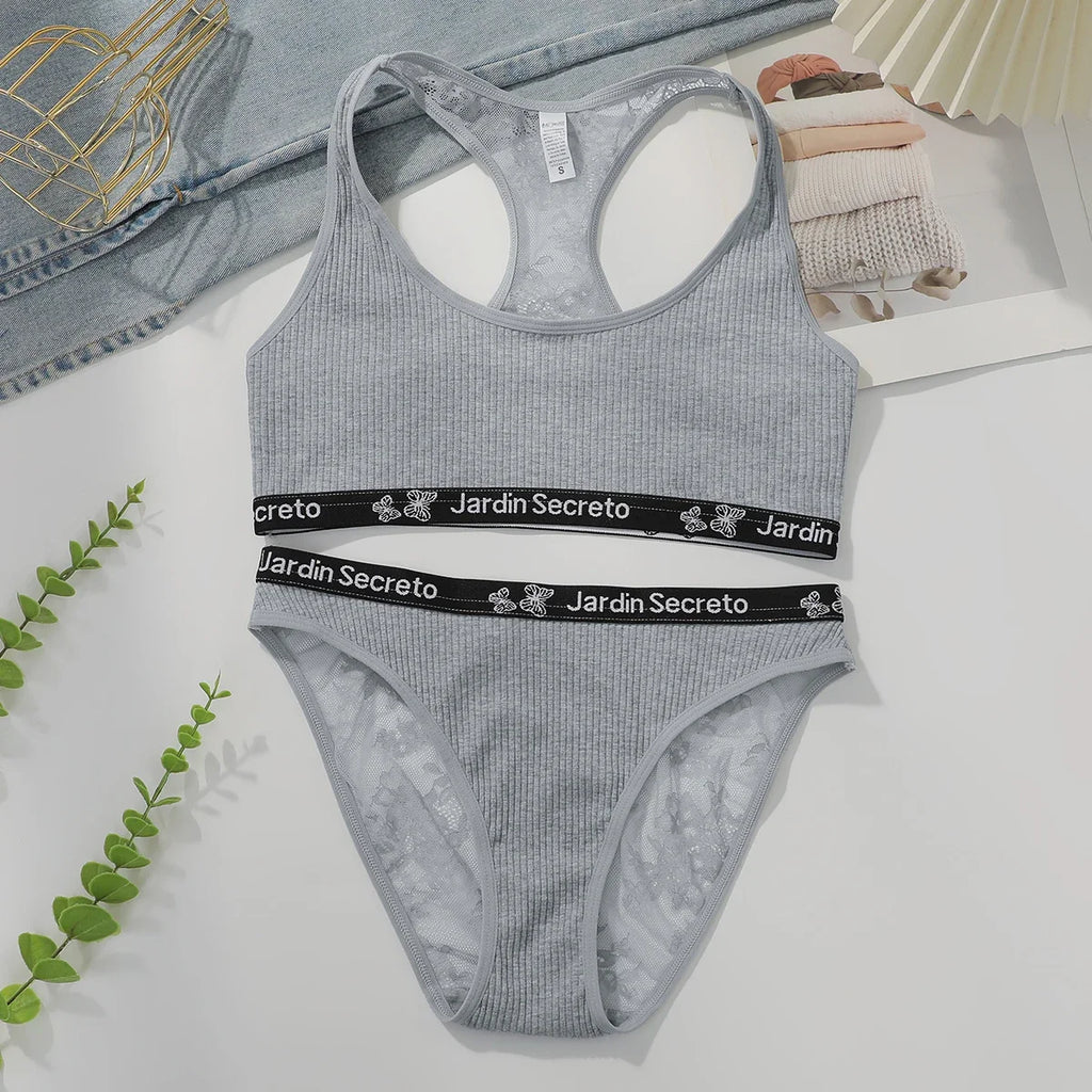 without chest cushion Grey lace elegant no steel ring sexy sports suit yoga women's casual underwear set C3472