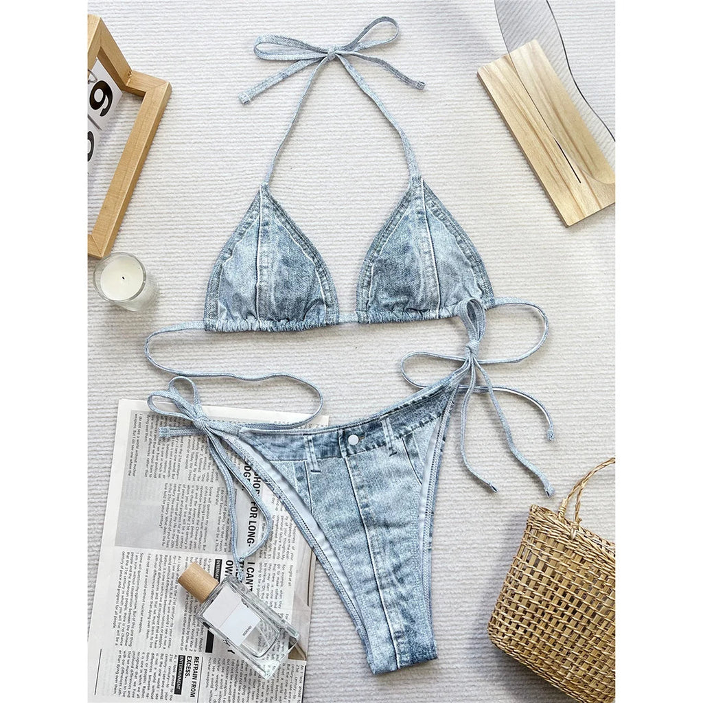 Denim Printed Halter Strappy High Cut Bikini Female Swimsuit Women Swimwear Two-pieces Bikini Set Bather Bathing Suit Swim V5779
