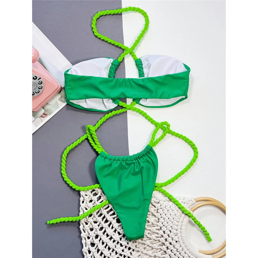 New Wrap Around Halter High Leg Cut Bikini Female Swimsuit Women Swimwear Two-Pieces Bikini Set Bather Bathing Suit Swim V4750
