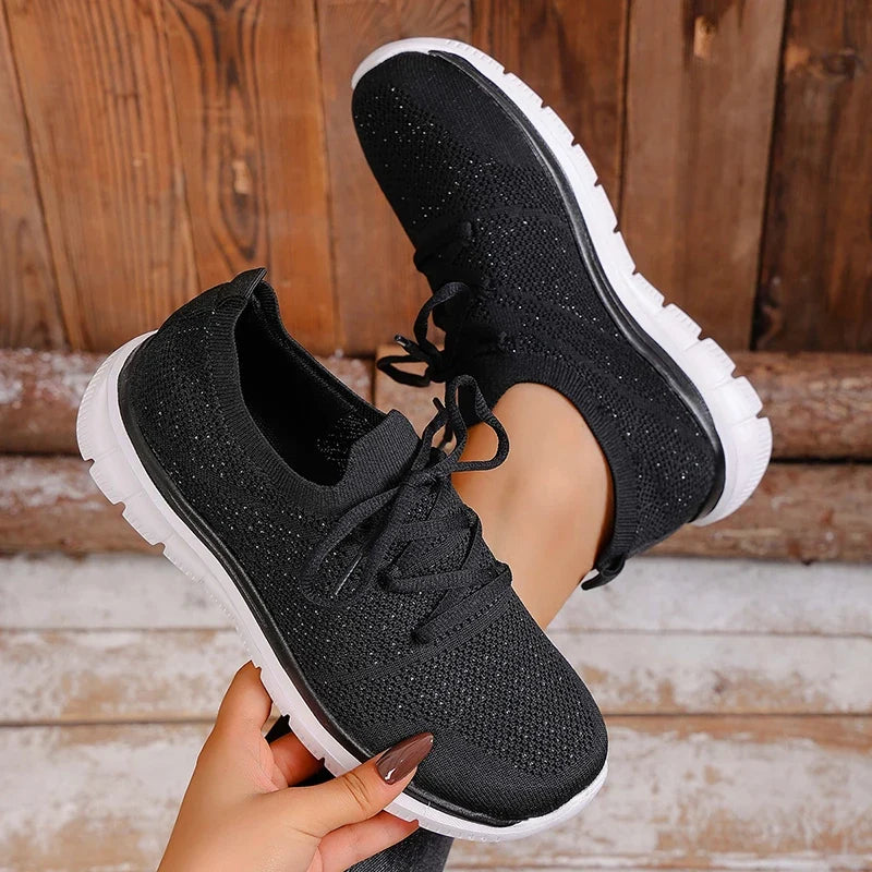 Breathable Mesh Sports Flat Shoes Women Plus Size 43 Slip On Knitted Platform Sneakers Woman Comfortable Soft Sole Running Shoes