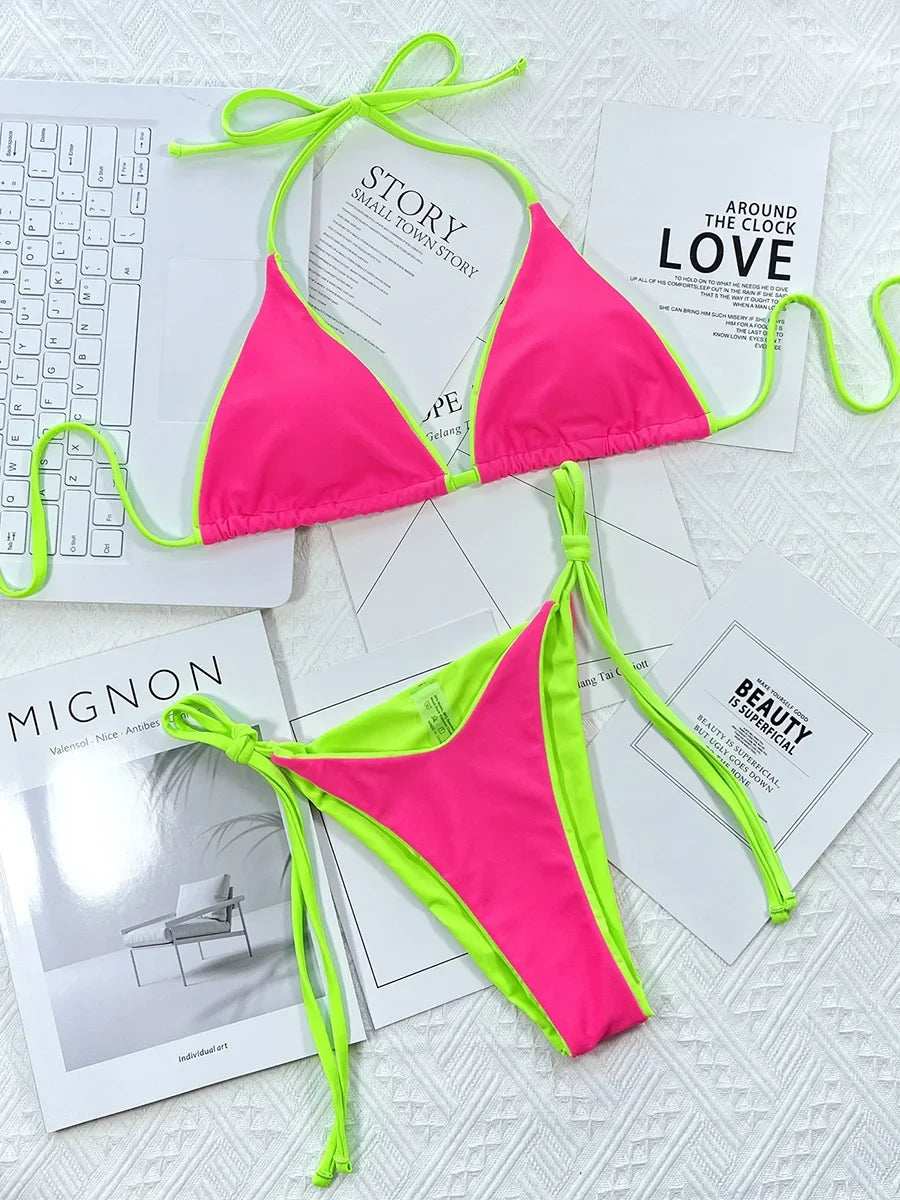 Zebra Print Halter micro Bikini 2025 women Bandeau String Swimsuit Female swimwear Neon Shiny bikini set Leopard Bathing Suit