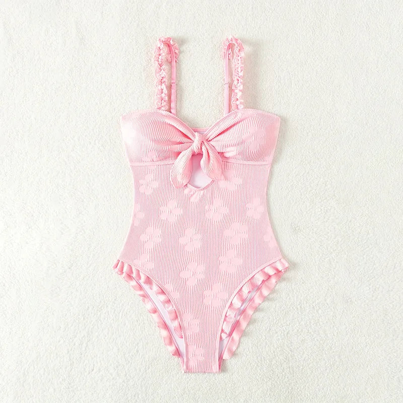 Light Pink One Piece Swimsuit for Women High Waist Hollow Out Ruffle Suspender Backless Monokini Bikini Beach Swimwear 2024 New