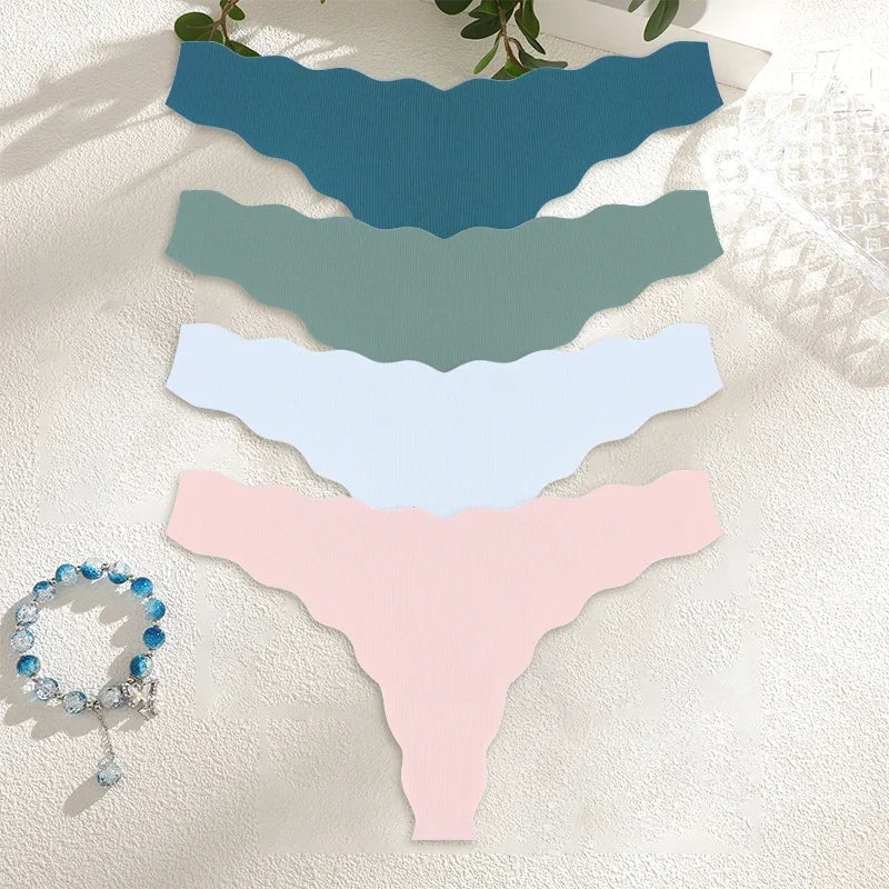 4Pcs Women Seamless Panties Wavy Design Ultra-thin Thongs Women Ice Silk Underwear Sexy Panty Low Waist G-string Female Solid
