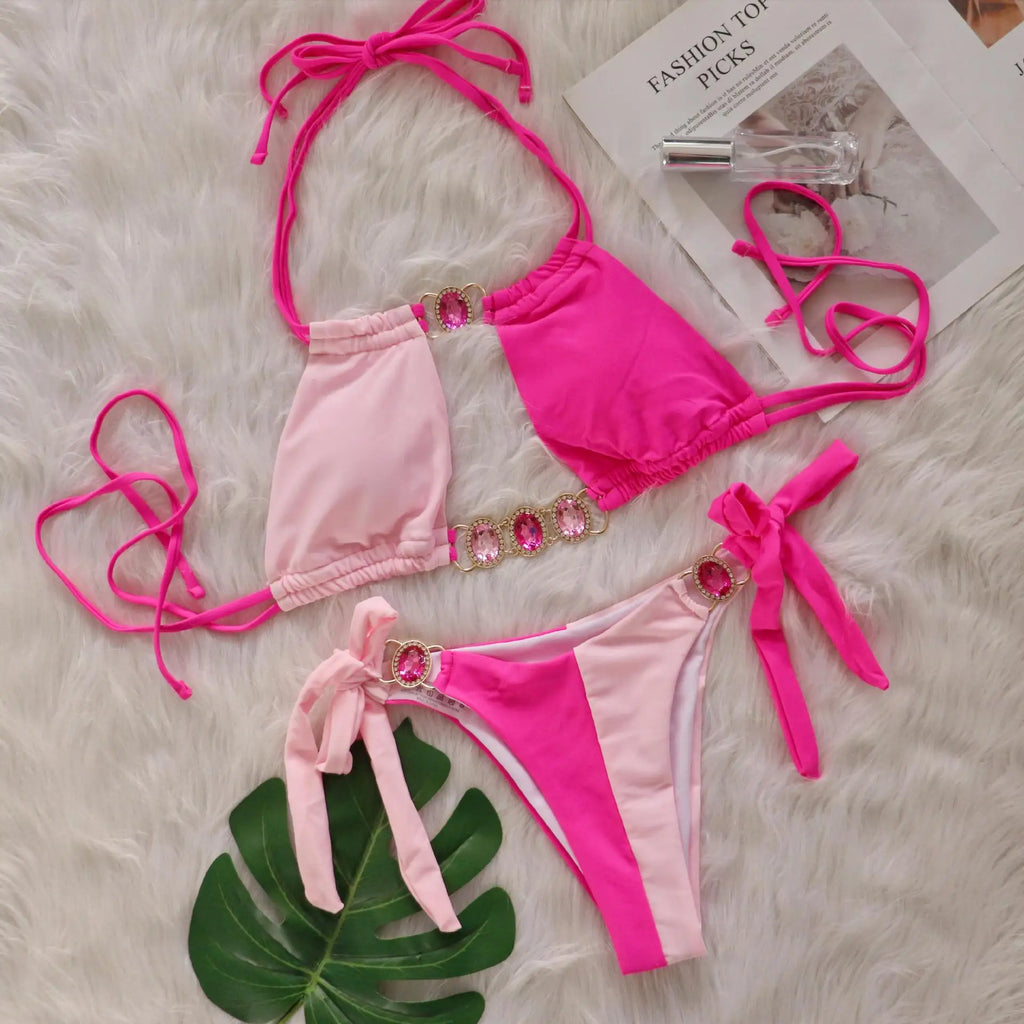 Splicing Jewelled Diamond Bikini Women Halter Swimsuit female Thong Swimwear Two Pieces Bikini Set Hollow out Bathing Suit Swim