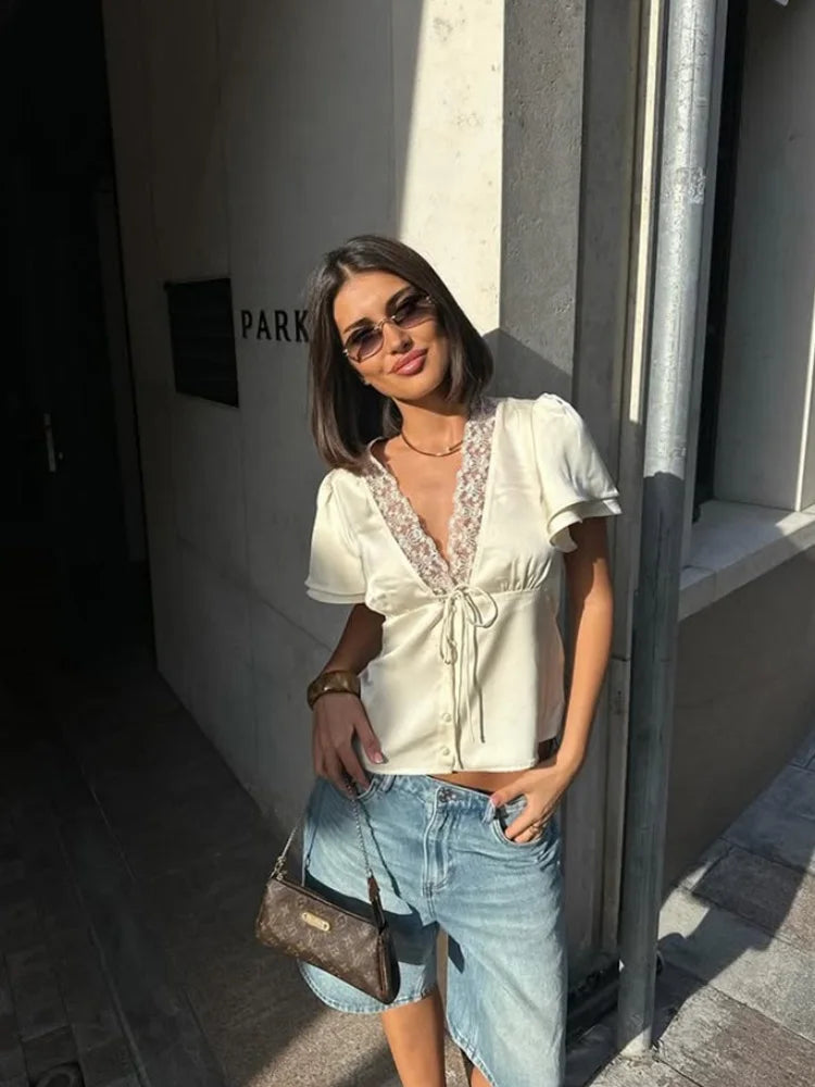 Ahagaga Causal Women Tops Solid Lace -Neck Short Sleeves Satin Slim Button Regular Eelgant Streetwear Tees Female Basic T Shirts
