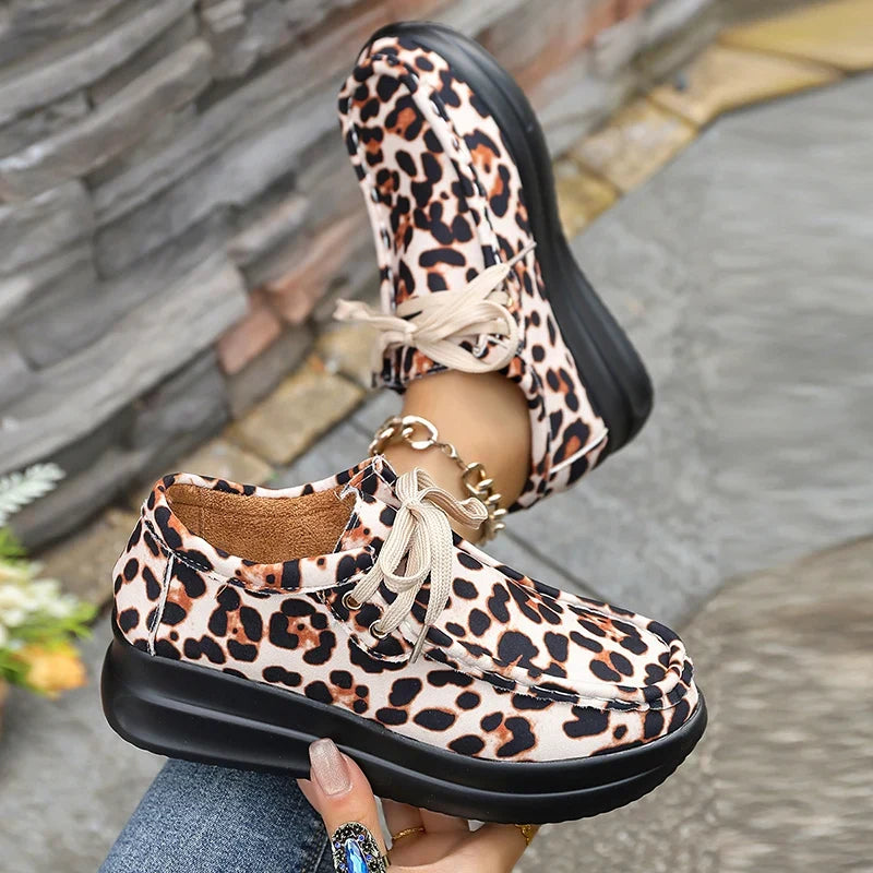 Fashion Leopard Print Platform Sneakers Women Plus Size 43 Lace Up Thick Sole Casual Shoes Woman Non Slip Sport Walking Shoes