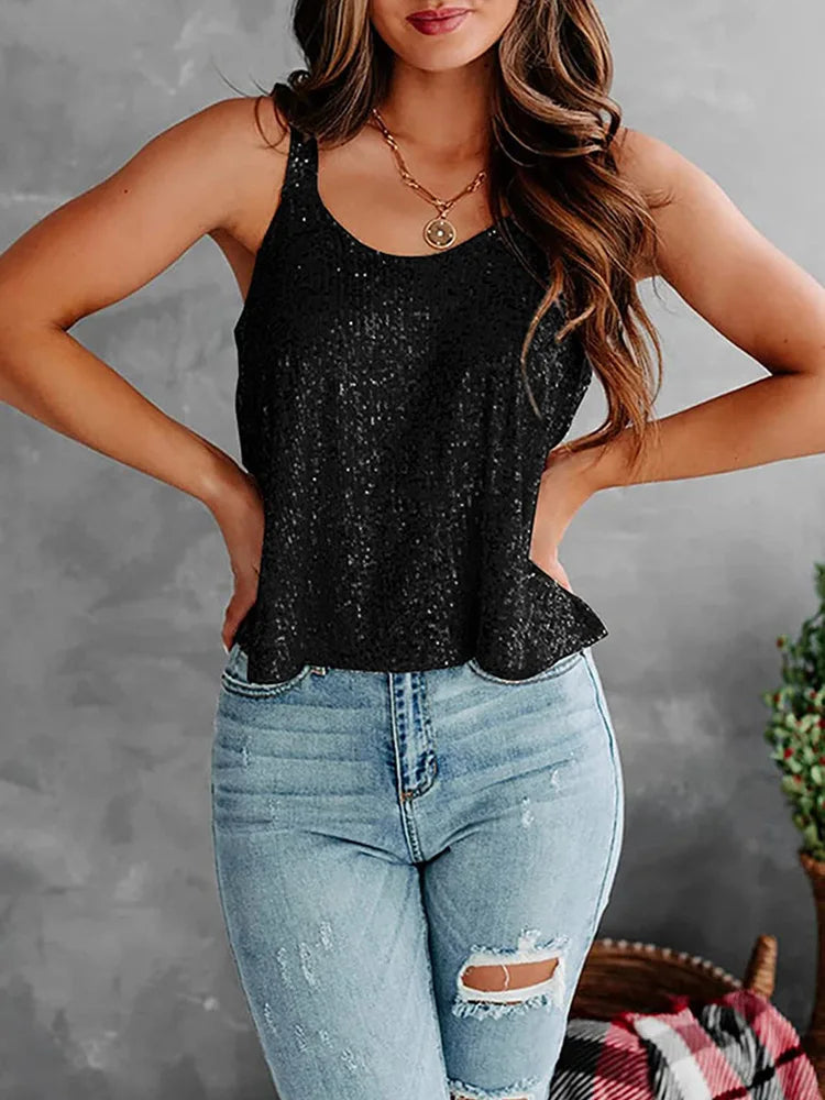 2026 Summer Fashion Women's Tanks Sexy Sequins Camisole Lady Casual Sliver Women's Strap Top Night club Streetwear Y2K Dress up