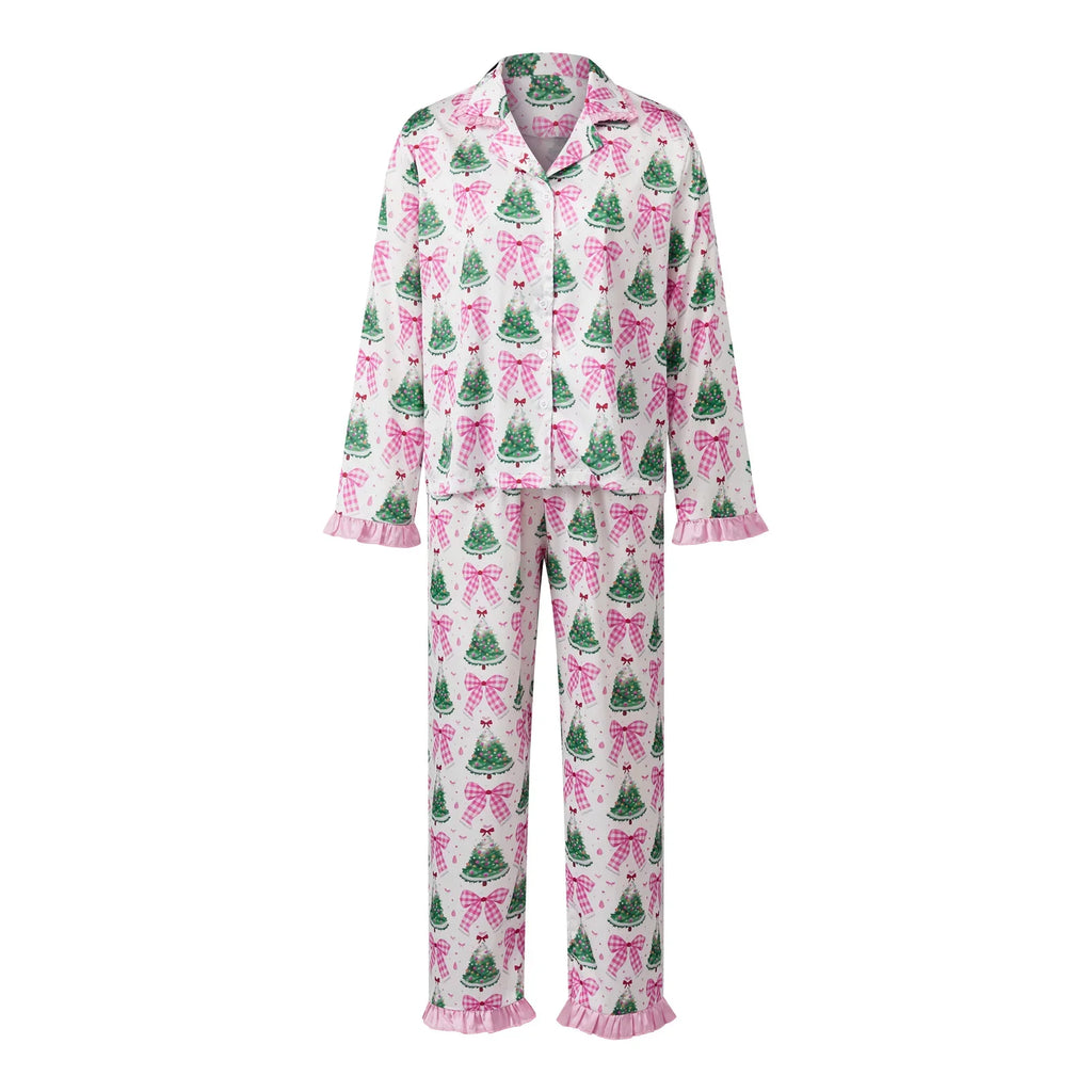 Women's Christmas Pajama Set Featuring Festive Santa Tree and Bow Prints 2 Piece Lounge Nightwear Sleepwear