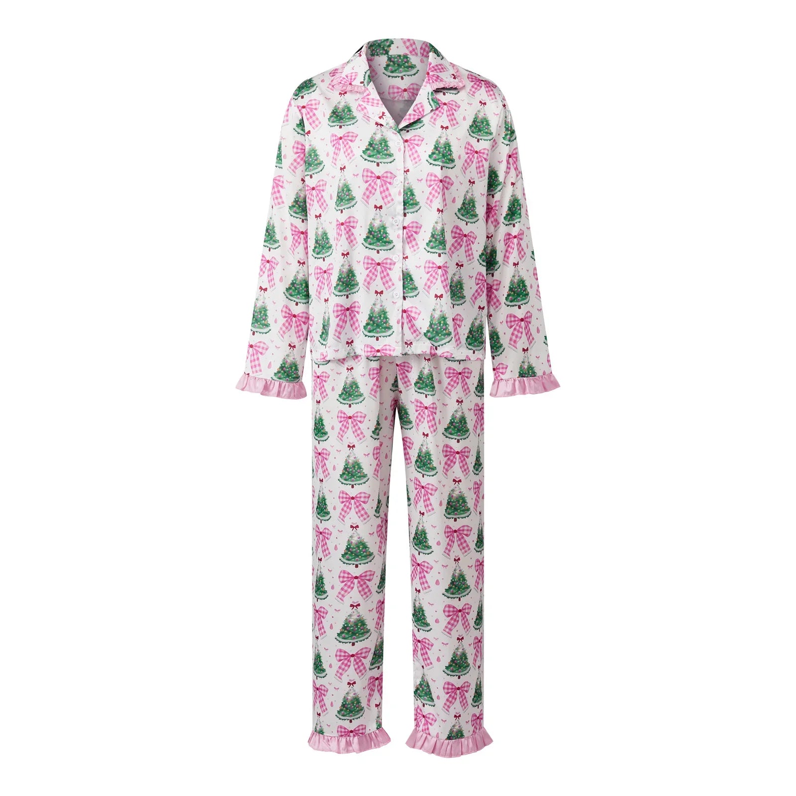 Women's Christmas Pajama Set Featuring Festive Santa Tree and Bow Prints 2 Piece Lounge Nightwear Sleepwear