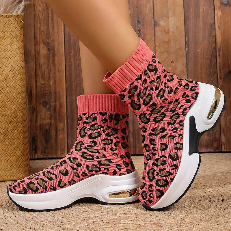 Fashion Leopard Print Platform Ankle Boots Women Comfy Slip On Breathable Knitted Boots Woman Plus Size 35-43 Wedges Short Boots