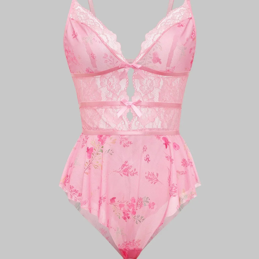 Sexy Crotchless Lingerie Women Lace Hollow Bodysuit Exotic Pajamas Teddy Babydoll Dress Deep V Open Bra Porno Underwear Set