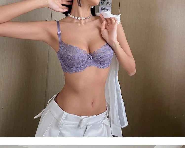 French Anime Style Lingerie Set Ultra Thin White Lace Bra Small Breasts Push Up Traceless Bralette Pure Desire Gathering Sexy BB