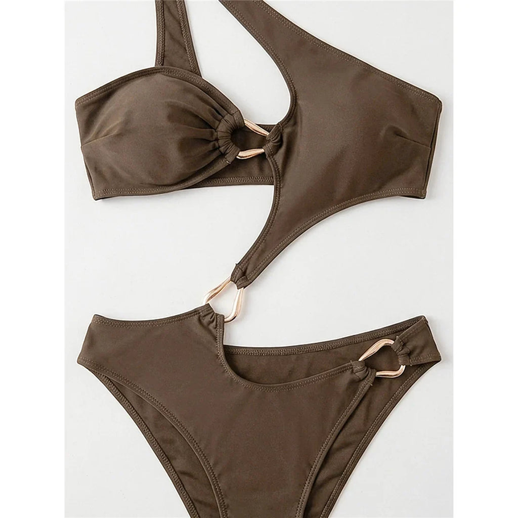Asymmetric One Shoulder Cut Out One Piece Swimsuit Women Swimwear Female Metal Ring High Cut Leg Bather Bathing Suit Swim V8265