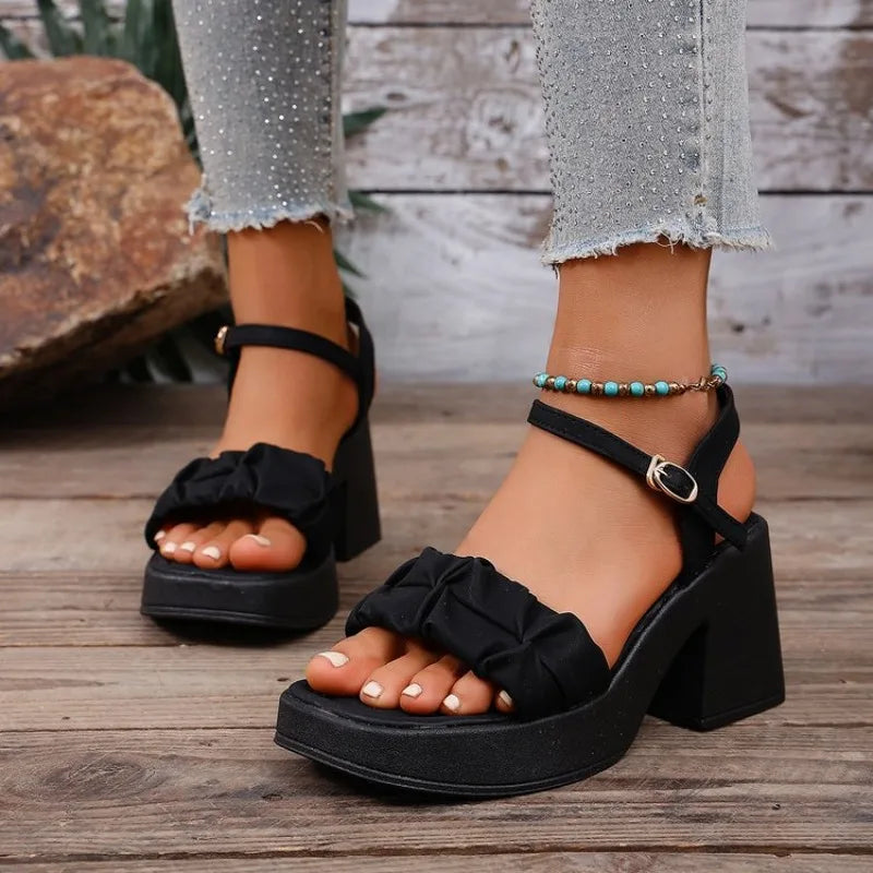 2026Sandals Comfort Shoes for Women Buckle Strap Suit Female Beige High Heels Square Toe Large Size New Fashion Black High-heel