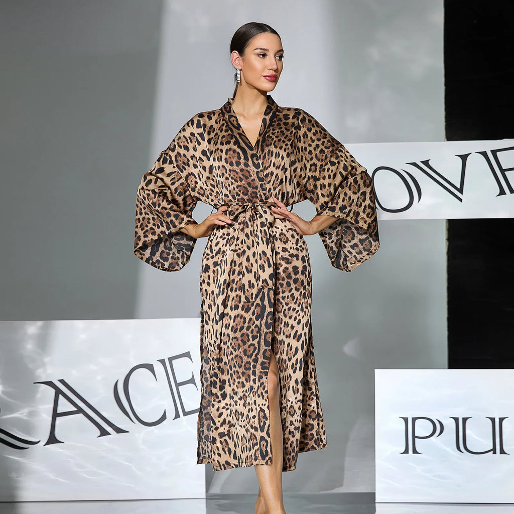 Sexy Leopard Print Satin Long Robe Women Flare Sleeve Tie Waist High Slit Loungewear Outerwear