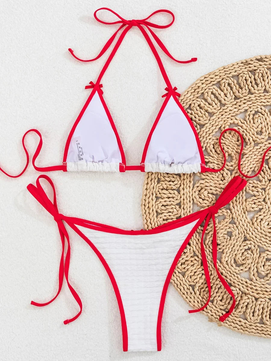 Wrinkled Bow Knotted Bikini Women Swimwear Female Swimsuit Two-pieces Bikini Set Halter Strappy Bather Bathing Suit Swim Lady