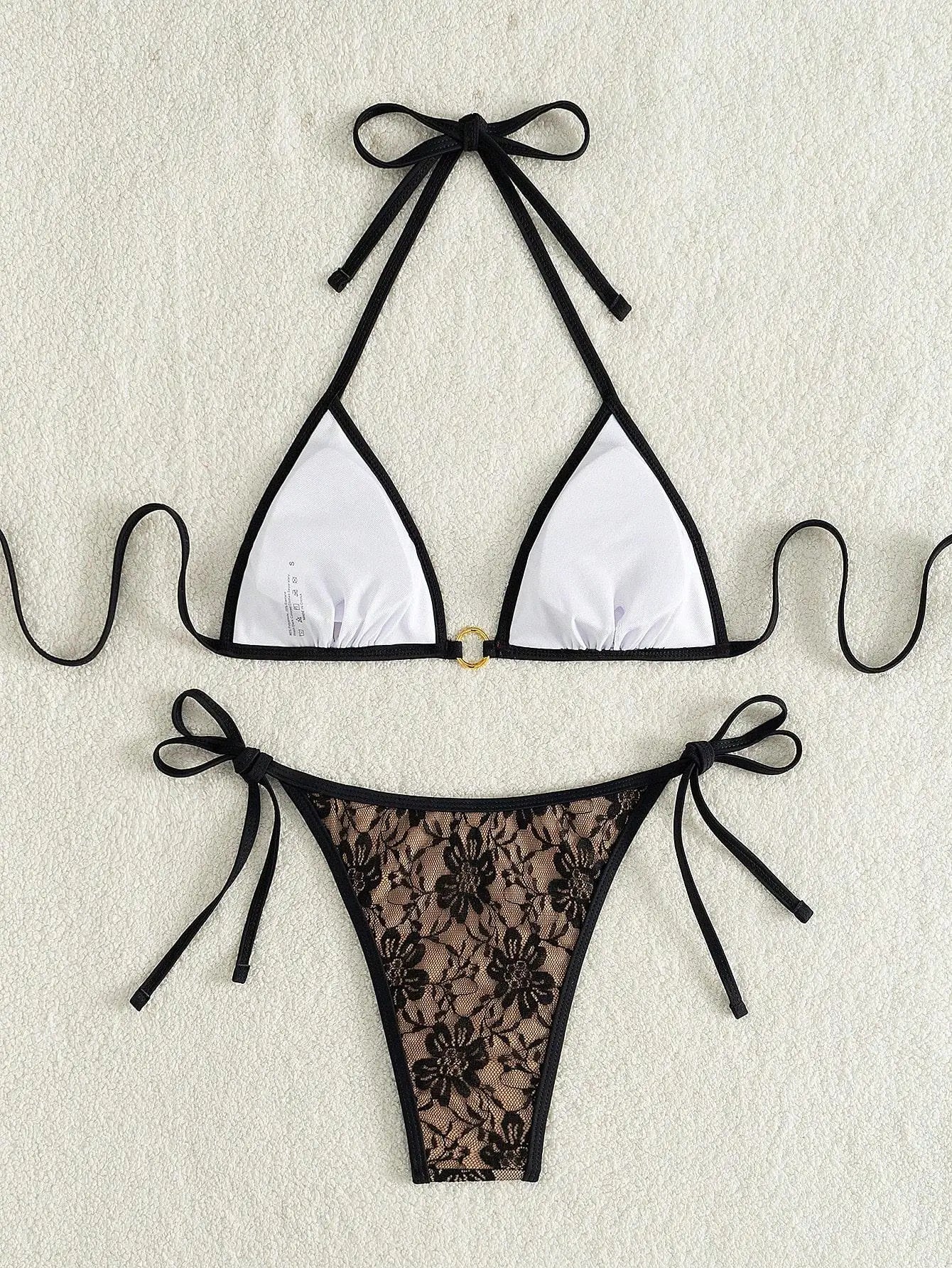 Embroidery Mesh Lace Halter Bikini Female Swimsuit Women Swimwear Two-pieces Bikini Set High Cut Bathing Suit Swim Beach Wear