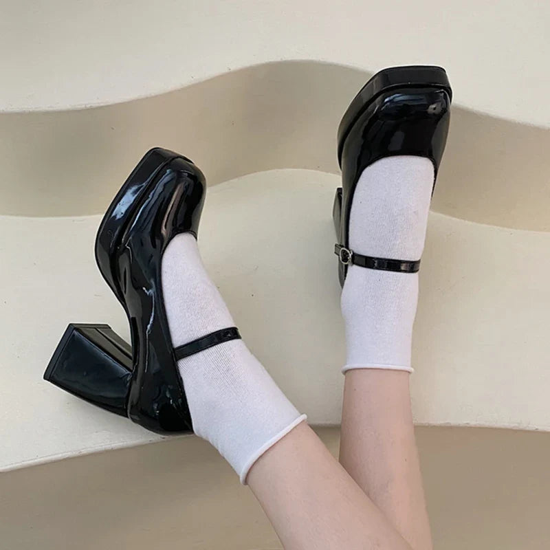 Patent Leather High Heel Mary Jane Shoes Women Elelgant Buckle Strap Platform Pumps Woman Chunky Heels Punk Lolita Shoes Female