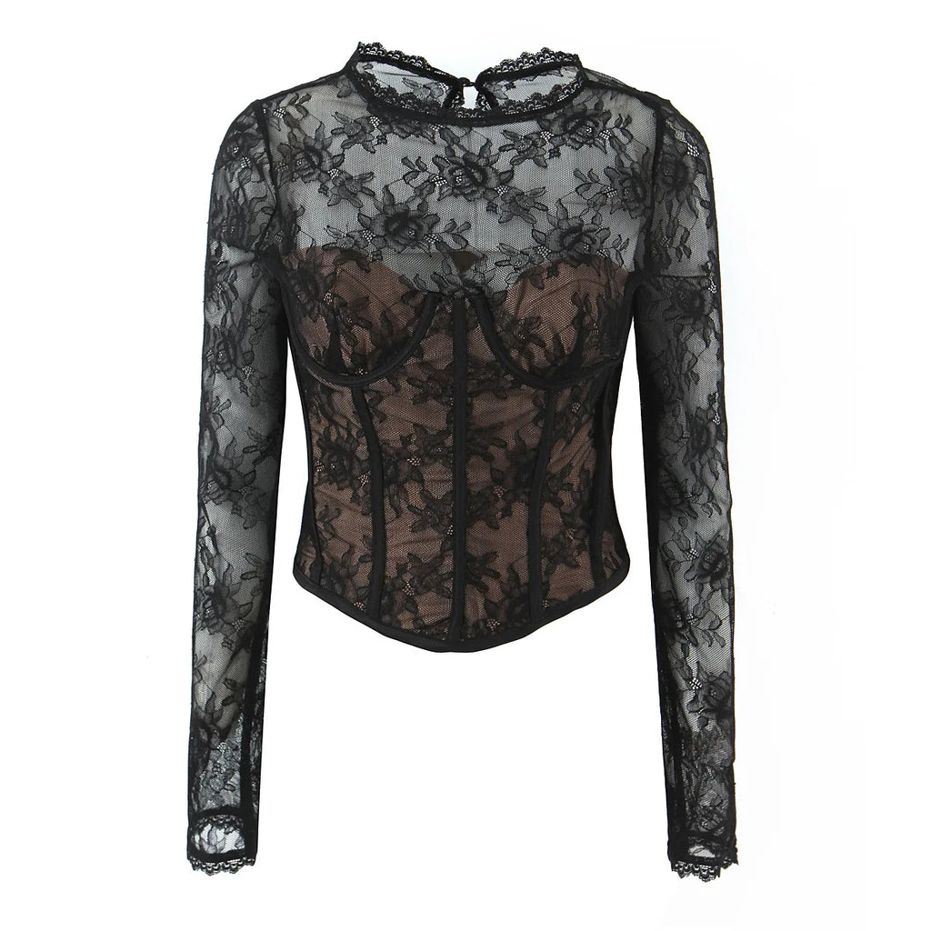 Pure Desire Sexy Sheer Crochet Lace Base Shirt Waist-Tightening Top T-Shirt For Woman Transparent Mesh Casual T-Shirt Charm ADSE
