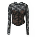 Pure Desire Sexy Sheer Crochet Lace Base Shirt Waist-Tightening Top T-Shirt For Woman Transparent Mesh Casual T-Shirt Charm ADSE