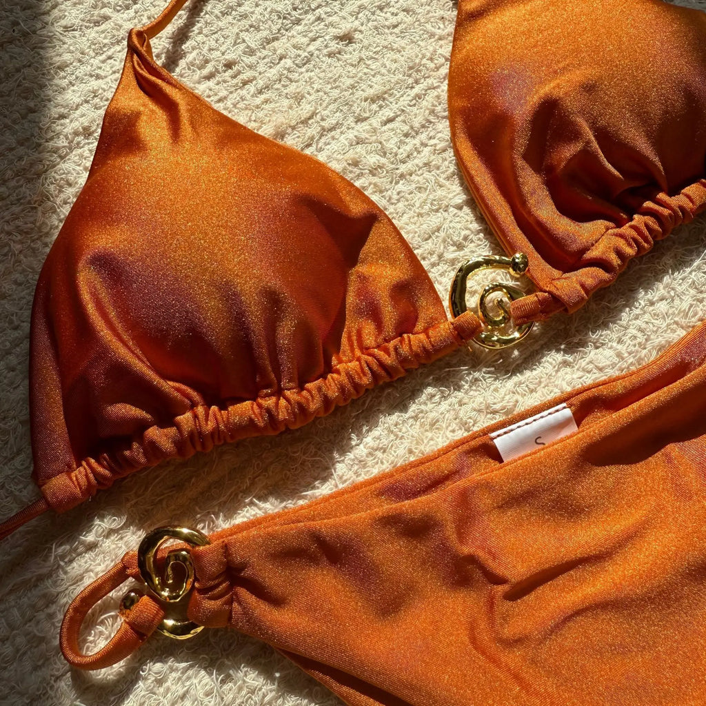 sexy glitter metal halter tie bikinis sets two pieces thong swimsuit bathing suit swimwear biquini bakini tankini trikini