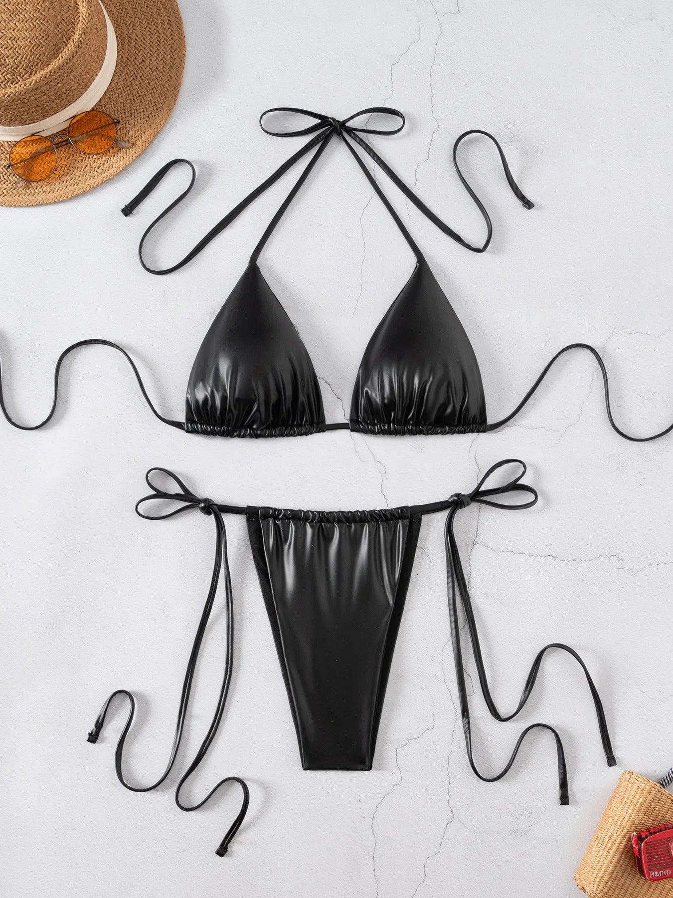 DEKA Brazilian Thong Black PU Bikini Set Triangle Bikinis Bandage Swimsuit Women Two Piece Swimwear Summer Biquini New Beachwear