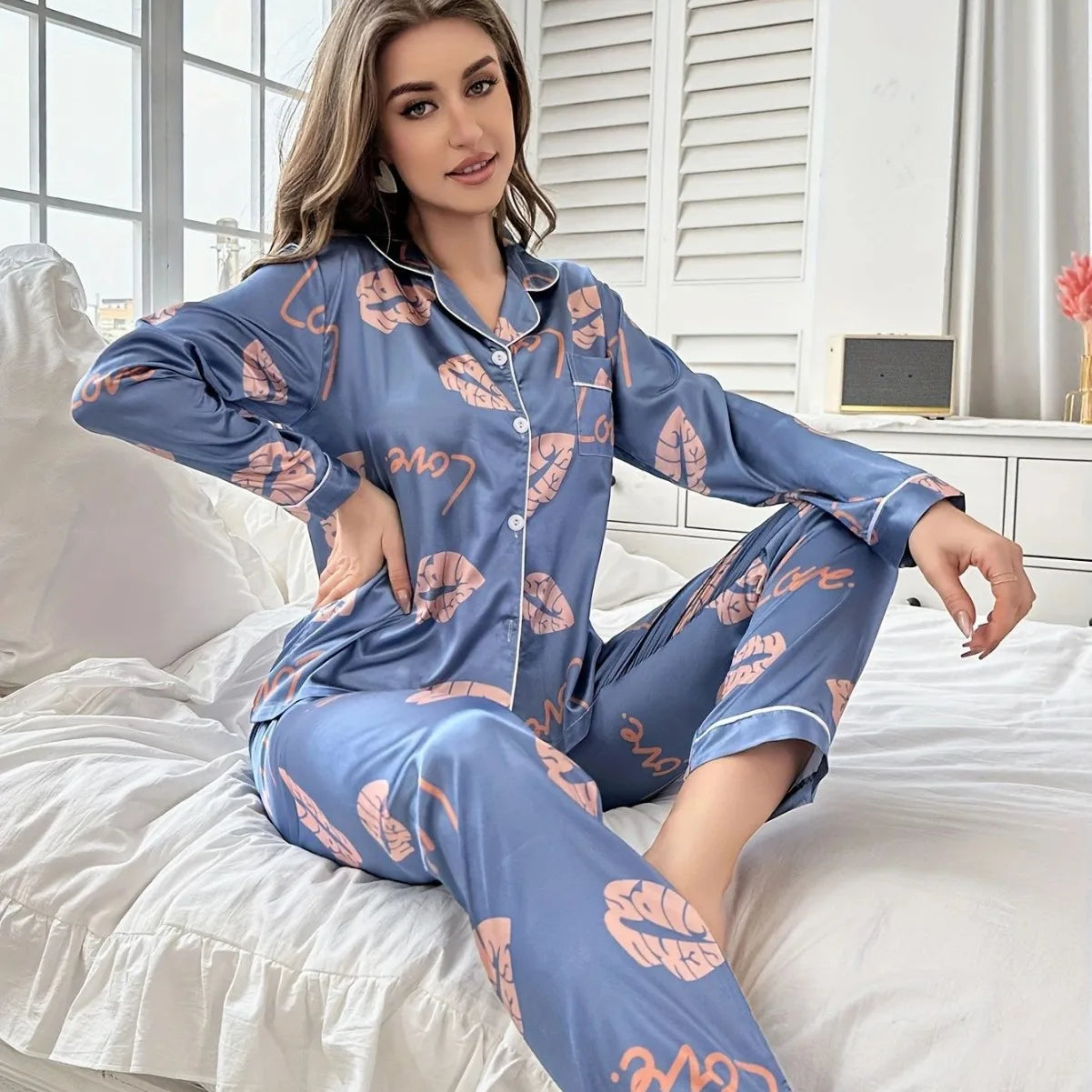 Home wear pajamas ice silk long sleeves trousers thin pajamas