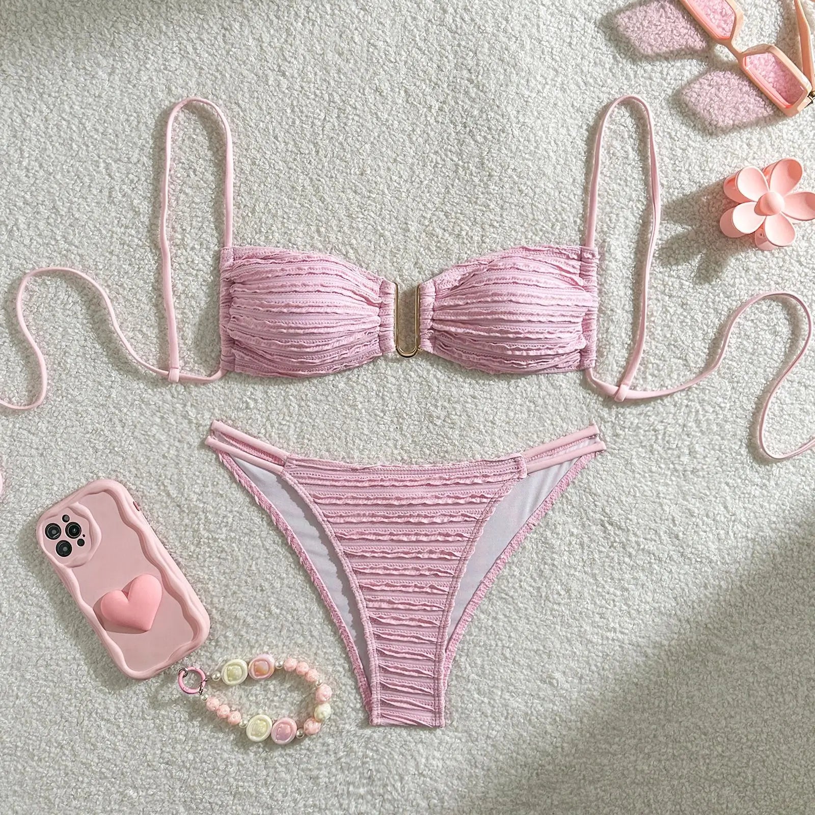 2026 Wrinkled U Ring Bandeau Bikini Women Swimwear Female Swimsuit Two-pieces Bikini Set Bather Pool Bathing Suit Swim Beachwear