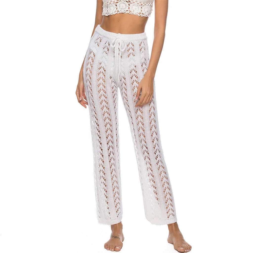 S - XL Women Crochet Knitted Beach Pants Hollow Out Elastic Straight Casual Trouser Holiday Beach Wide Leg Bikini Cover Up V2651