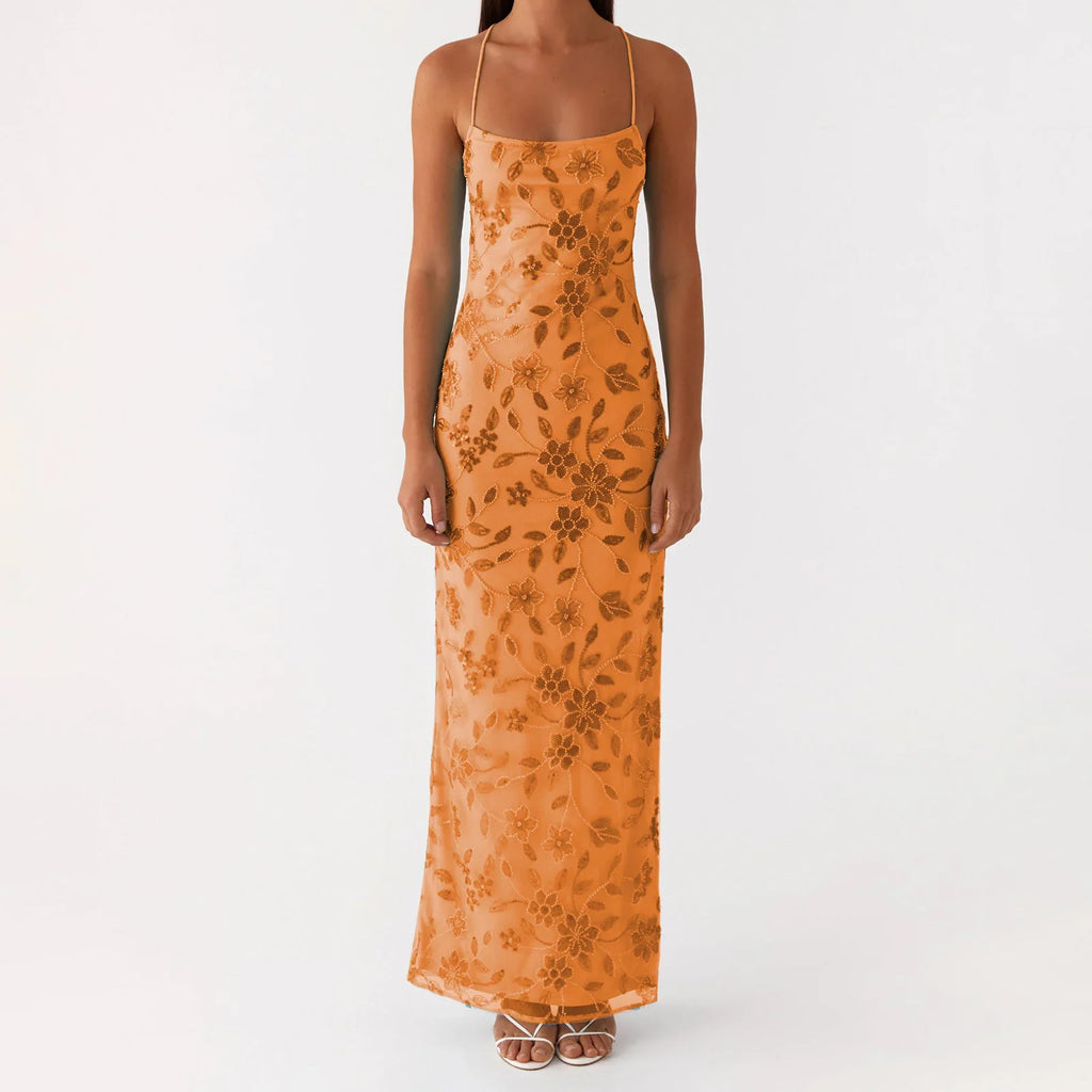 Women Summer Glitter Sequin Beaded Flower Cami Dress Slim High Split Spaghetti Strap Open Back Long Dresses for Party Club