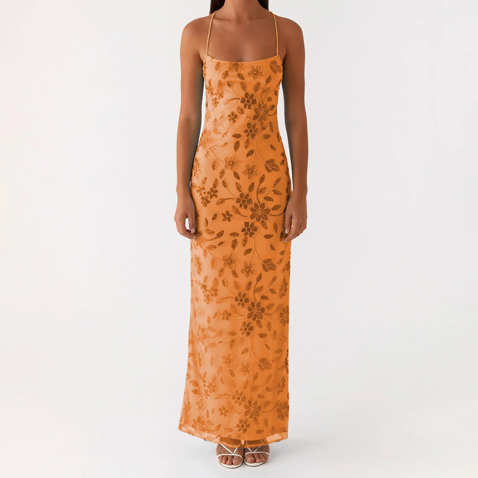 Women Summer Glitter Sequin Beaded Flower Cami Dress Slim High Split Spaghetti Strap Open Back Long Dresses for Party Club