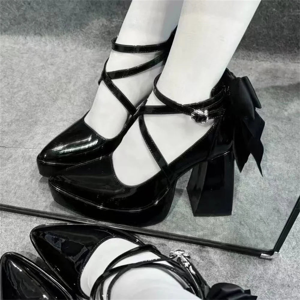 Big Size 42 Black Gothic Cross-strap High Heels Pumps Lolita Bow Tie Chunky Heels Platform Heeled Mary Jane Goth Shoes Women